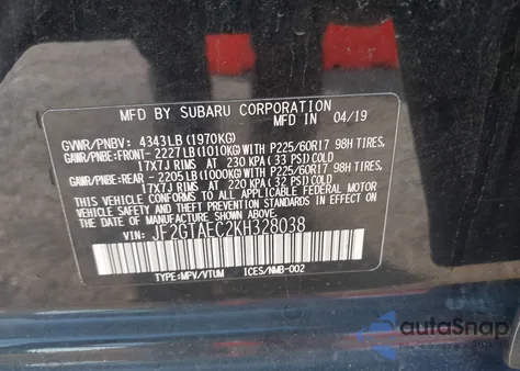 2019 Subaru Crosstrek 2.0I Premium from USA, damaged, VIN JF2GTAEC2KH328038